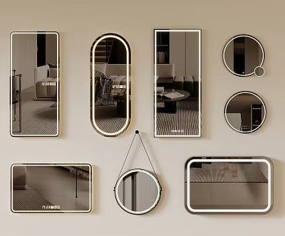 Various Modern Wall Mounted Mirrors Featuring Illuminated Oval Round And Rectangular Designs 3d model