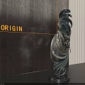 Sleek Metallic Abstract Sculpture With Curved Design And Dark Wooden Backdrop