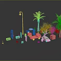 Outdoor Urban Scene With Street Lamp Palm Trees Umbrella Tables Chairs Small Car And Boxes