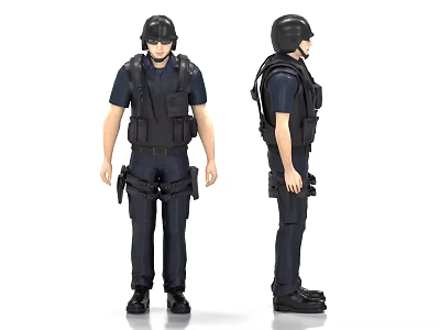 Man Wearing Tactical Uniform Black Helmet Vest and Dark Outfit Front Back View 3d model