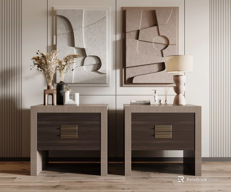 Modern Bedside Tables With Wooden Design Decorative Lamps And Wall Art Accessories 3d model 
