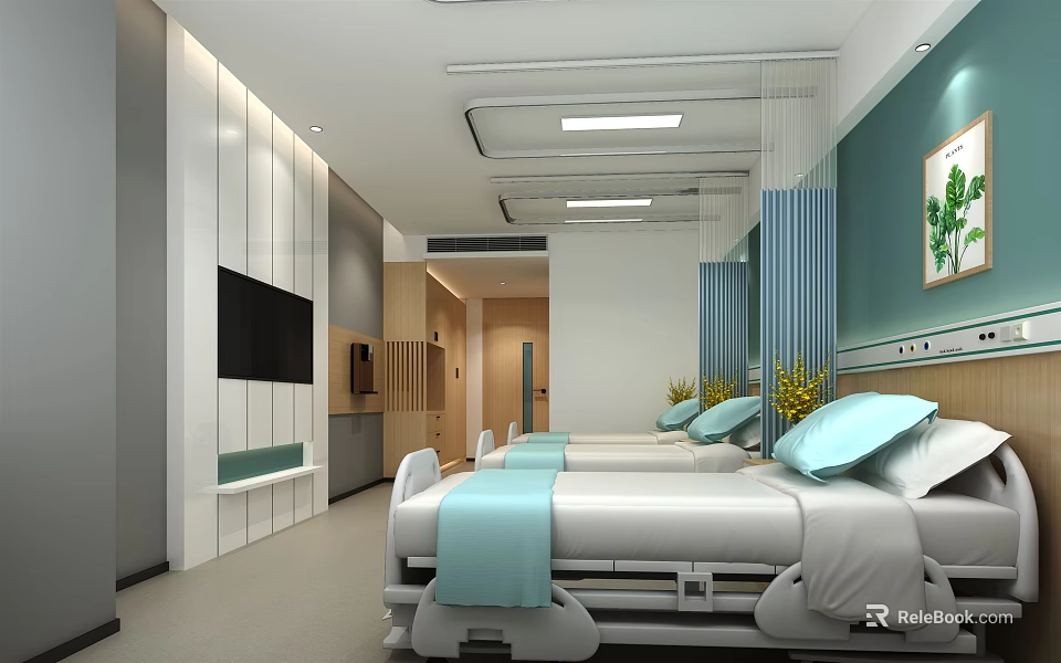 Modern Hospital Ward Interior With Two Beds Blue Linens TV And Decorative Painting 3d model 