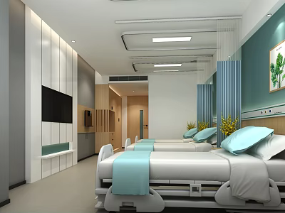 Modern Hospital Ward Interior With Two Beds Blue Linens TV And Decorative Painting 3d model
