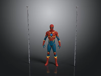 Superhero Figure In Red And Blue Costume Standing Between Tall Poles On Dark Background 3d model
