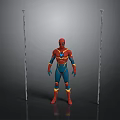 Superhero Figure In Red And Blue Costume Standing Between Tall Poles On Dark Background