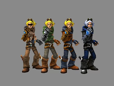 Four Different Outfits Game Movie Character with Blonde Hair Hat and Weapon Equipment 3d model