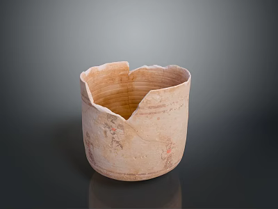 Ancient Terracotta Pottery Sculpture With Carved Red Patterns And Broken Rim Design 3d model