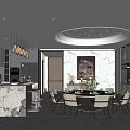 Modern Restaurant Interior With Marble Dining Table Chandeliers And Round Ceiling Lights
