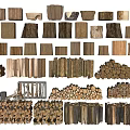 Various Natural Stone and Wood Materials Including Stacked Logs and Textured Stones