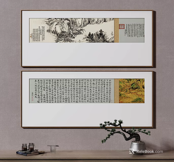 Traditional Chinese Framed Artworks With Calligraphy Landscape And Decorative Pine 3d model 