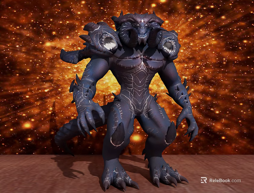 Deep Blue Armored Game Movie Character With Sharp Claws Glowing Elements And Starry Space Background 3d model 