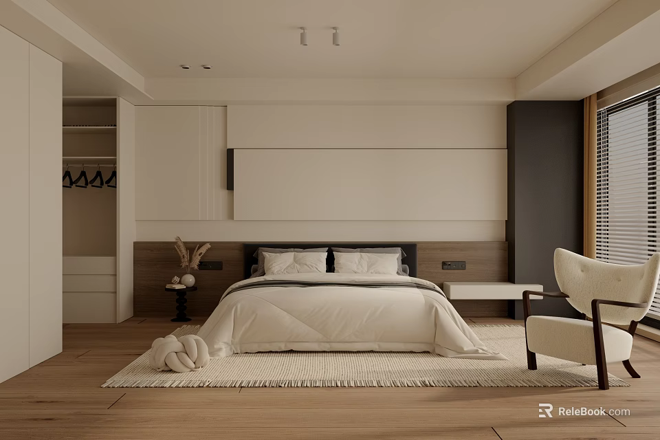 Minimalist Bedroom Interior With Wooden Floor White Bed Armchair And Area Rug 3d model 