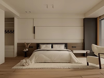 Minimalist Bedroom Interior With Wooden Floor White Bed Armchair And Area Rug 3d model