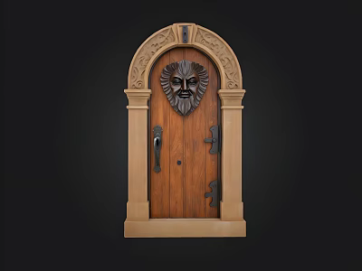 Ornate Wooden Door With Carved Mask Design And Arched Frame Details 3d model