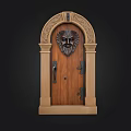 Ornate Wooden Door With Carved Mask Design And Arched Frame Details