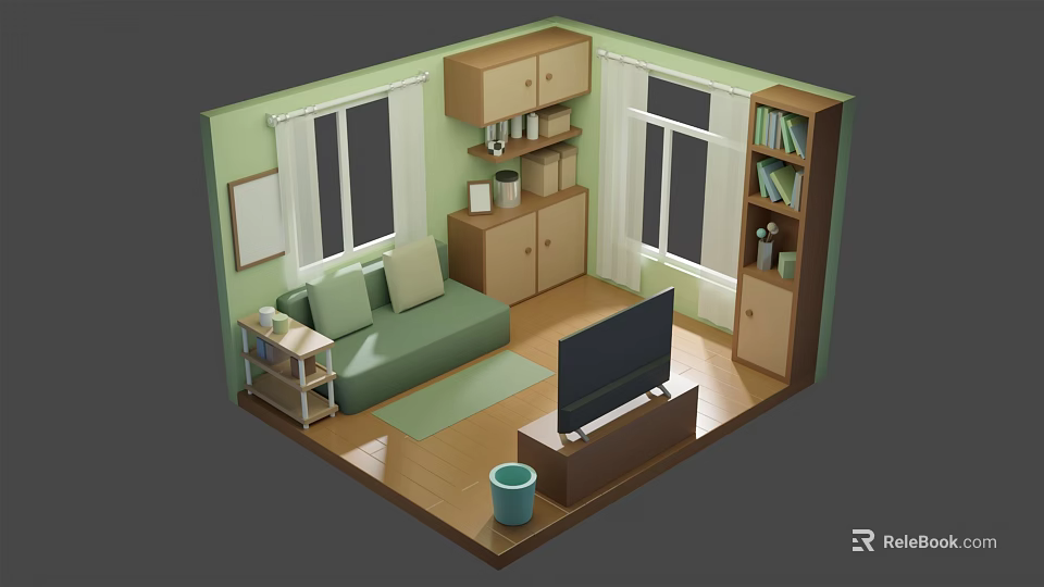 Cozy Cartoon Living Room Scene With Green Sofa TV Bookshelf Windows And Wooden Floor 3d model 