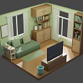 Cozy Cartoon Living Room Scene With Green Sofa TV Bookshelf Windows And Wooden Floor