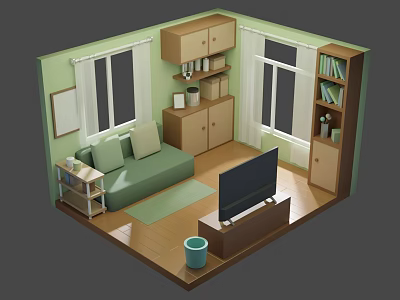 Cozy Cartoon Living Room Scene With Green Sofa TV Bookshelf Windows And Wooden Floor 3d model
