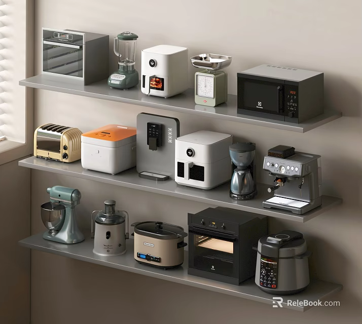 Stylish Modern Kitchen Appliances Displayed on Shelves in Home Kitchen 3d model 
