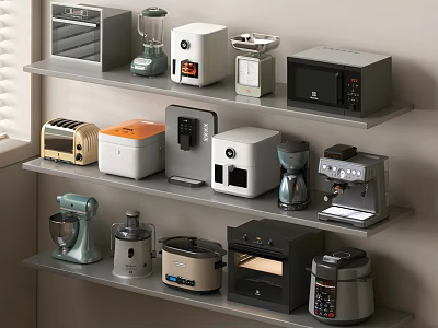 Stylish Modern Kitchen Appliances Displayed on Shelves in Home Kitchen 3d model