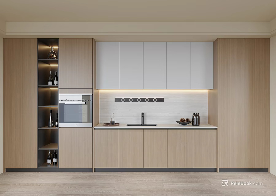 Modern Restaurant Kitchen Featuring Light Wood Cabinets White Upper Storage Countertop And Oven 3d model 