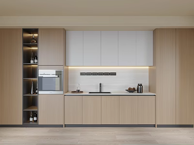 Modern Restaurant Kitchen Featuring Light Wood Cabinets White Upper Storage Countertop And Oven 3d model