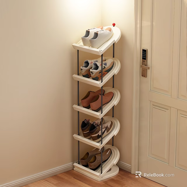 Space Saving Multi Tiered Shoe Rack Design For Entryway With Sneakers And Leather Shoes 3d model 