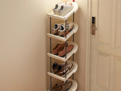 Space Saving Multi Tiered Shoe Rack Design For Entryway With Sneakers And Leather Shoes 3d model