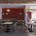 Modern Restaurant Dining Area With Red Wall Wooden Tables Chairs Pendant Lights And Round Mirror