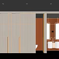 Modern Public Restroom Interior Design With Light Wood Panels Gold Accents And Double Vanity Mirror