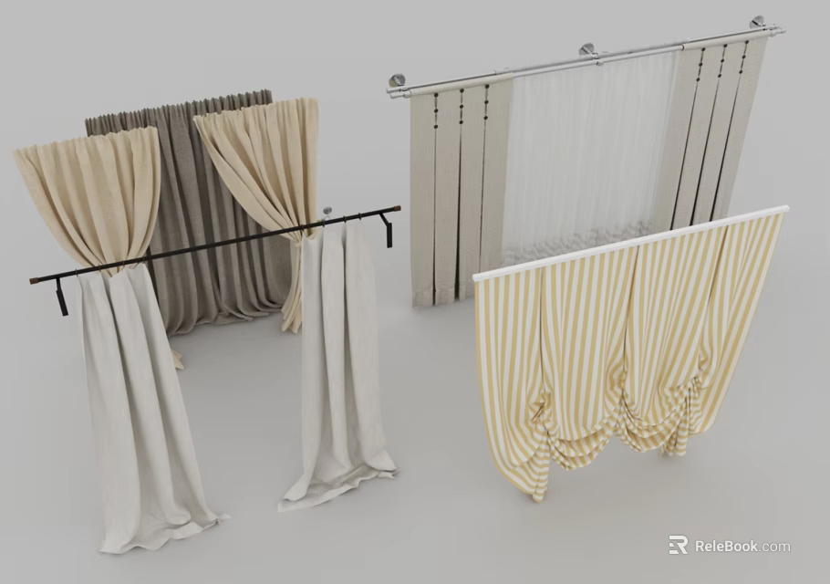 Various Style Curtains in Beige Gray and Striped Designs with Metal Rods 3d model 