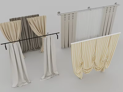 Various Style Curtains in Beige Gray and Striped Designs with Metal Rods 3d model