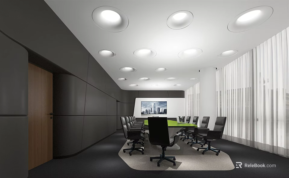 Modern Conference Room Interior With Long Table Black Office Chairs And Round Ceiling Lights 3d model 