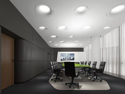 Modern Conference Room Interior With Long Table Black Office Chairs And Round Ceiling Lights 3d model