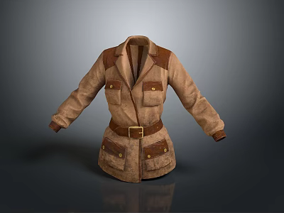 Classic Brown Coat With Leather Accents Front Pockets And Waist Belt 3d model