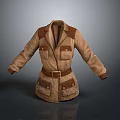 Classic Brown Coat With Leather Accents Front Pockets And Waist Belt