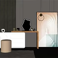 Modern White Dressing Table With Round Stool And Irregular Mirror On Gray Striped Wall 3d model