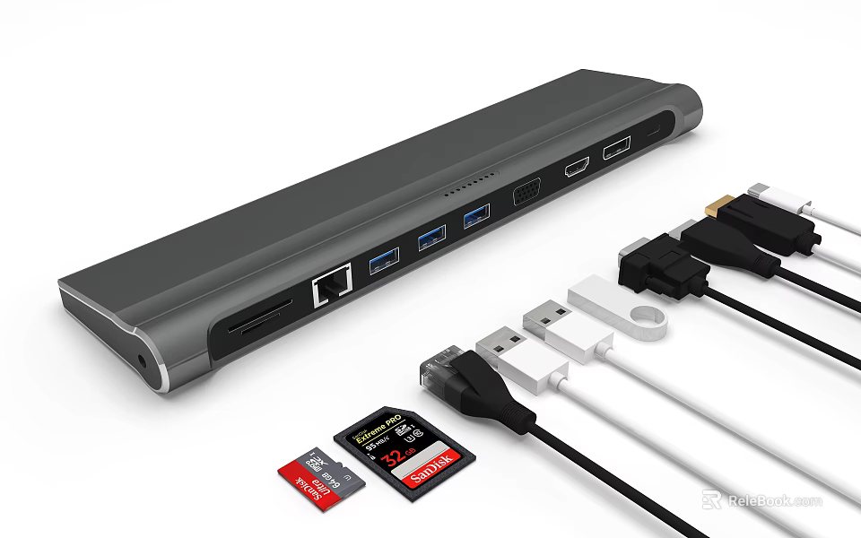 USB C Docking Station With Multi HDMI USB Ports And Memory Card Reader Cables 3d model 