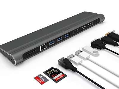 USB C Docking Station With Multi HDMI USB Ports And Memory Card Reader Cables 3d model