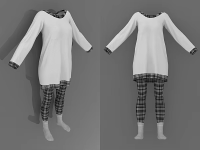 White Long Sleeve Top With Plaid Trim Collar Cuffs And Plaid Pants Outfit 3d model