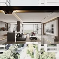 Modern Living and Dining Room Interior With Black Leather Sofa Coffee Table And Large Windows