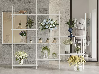Stylish Garden Decor Showcasing White Shelf Various Potted Plants Vases And Fresh Blooms 3d model
