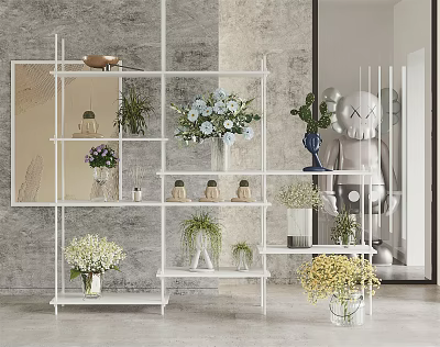 Stylish Garden Decor Showcasing White Shelf Various Potted Plants Vases And Fresh Blooms 3d model