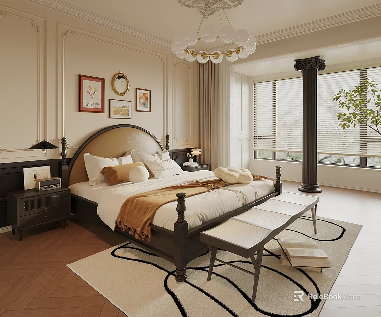 Elegant Bedroom Interior With Four Poster Bed Nightstands Chandelier And Framed Paintings 3d model 
