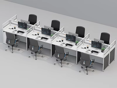 Modern Office Desks With Dividers Computers And Black Ergonomic Chairs 3d model