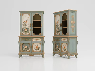 Elegant Vintage Light Blue Sideboard With Floral Decorations Glass Doors And Drawers 3d model