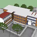 Red Brick Office Building With Multiple Floors Windows Trees And People 3d model