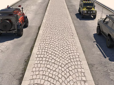 Urban Road Infrastructure With Central Cobblestone Pavement And Vehicles On Sides 3d model