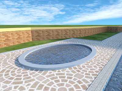 Outdoor Circular Pool Space With Patterned Pavement Brick Wall And Grass Under Blue Sky 3d model