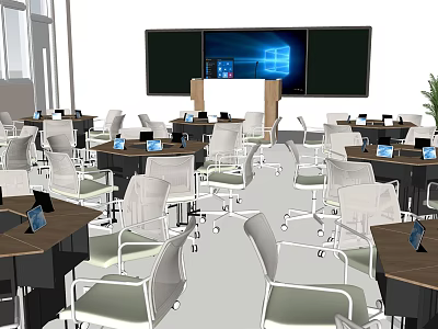 School Modern Classroom Interior With Desks Tablets Large Screen And Blackboard 3d model